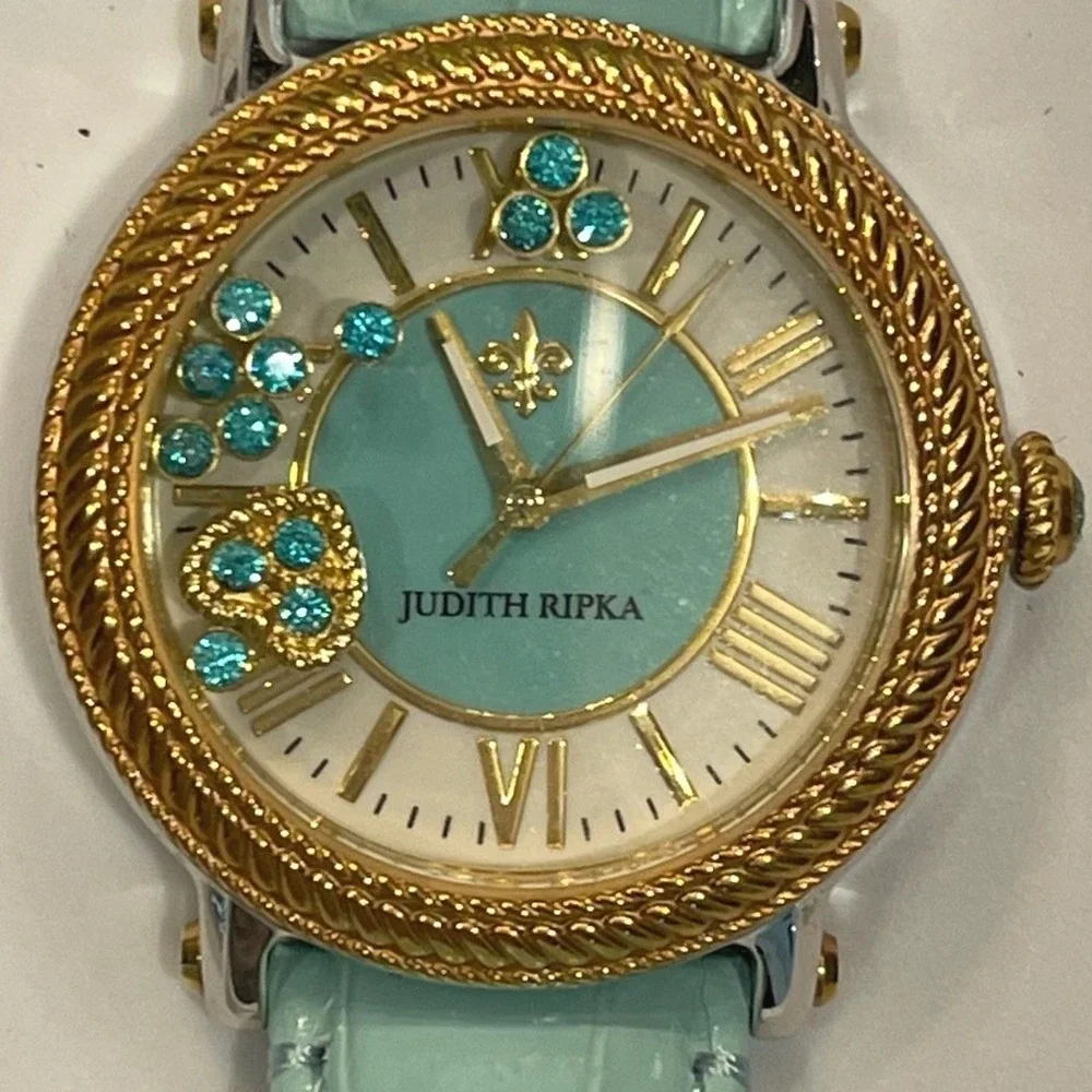 Judith Ripka Turquoise Dial Gold Tone Rope Bezel Croco Leather Strap Watch